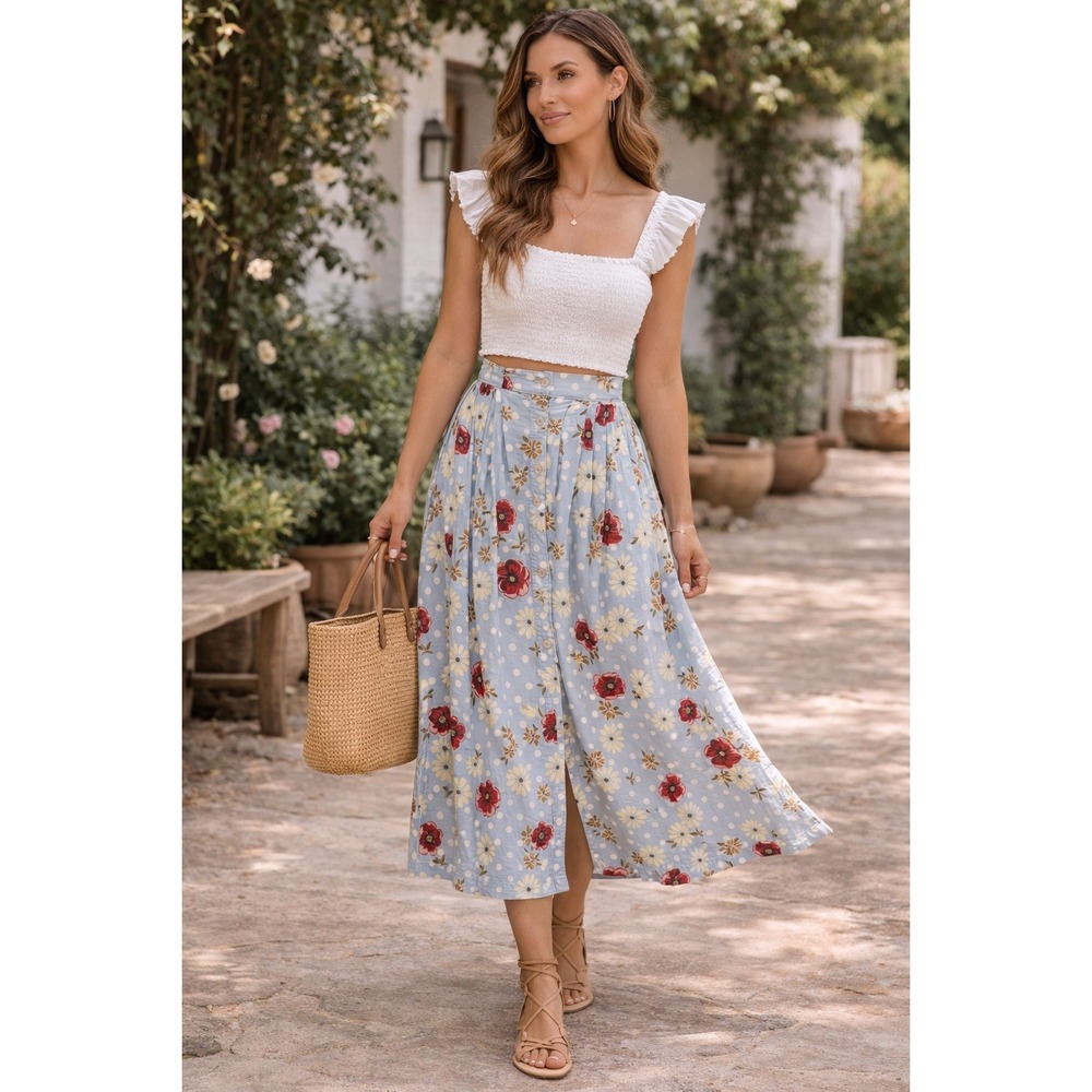 Cottagecore Boho Prairie Farm Blue Red PolkaDot Floral Button Front M Midi Skirt
